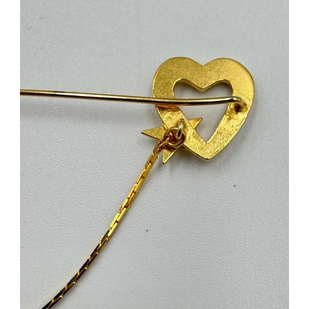 Vintage Valentines Day Gold Tone Rhinestone Heart Star Locking Stink Pin & Chain